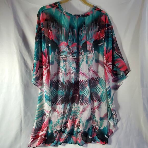 Jennifer Lopez Sheer Batwing Caftan Dress L/XL Slip Lined Tropical Boho Coverup - Picture 9 of 15